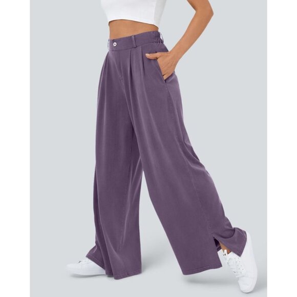 Halara High Waisted Button Zipper Plicated Side Pocket Wide Leg Pants Sz Large P - Picture 1 of 14